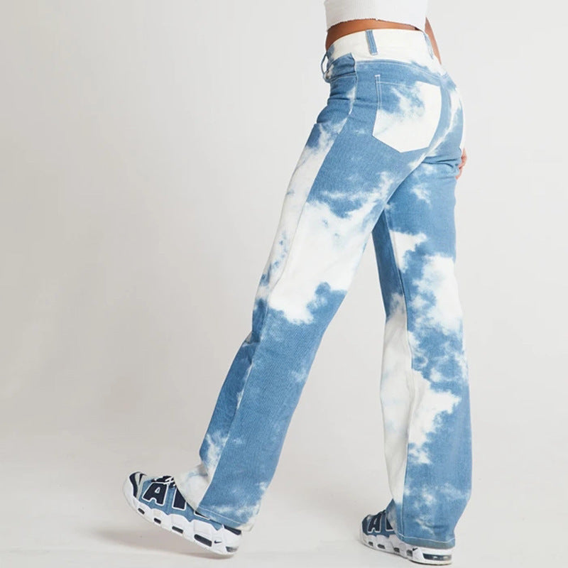 Tie Dye Print Straight Leg Jeans For Women