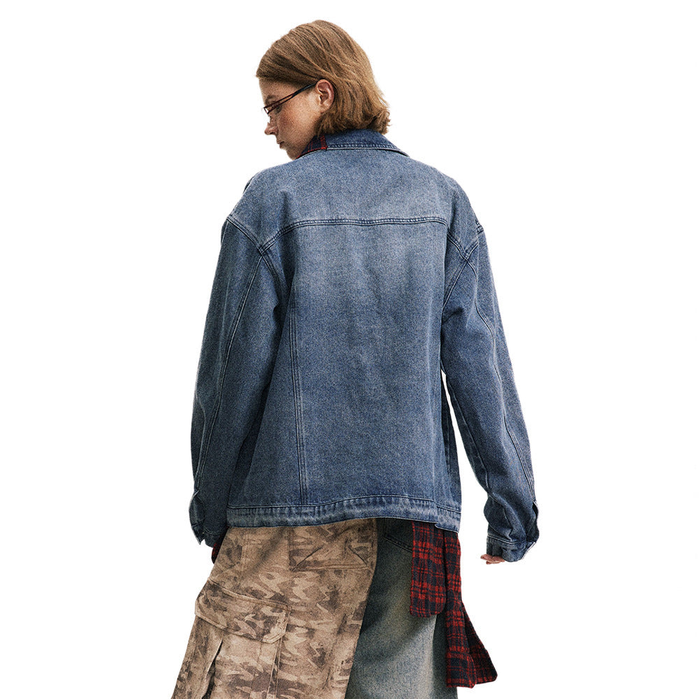 Irregular Stitching Plaid Fake Two Pieces Denim Jacket