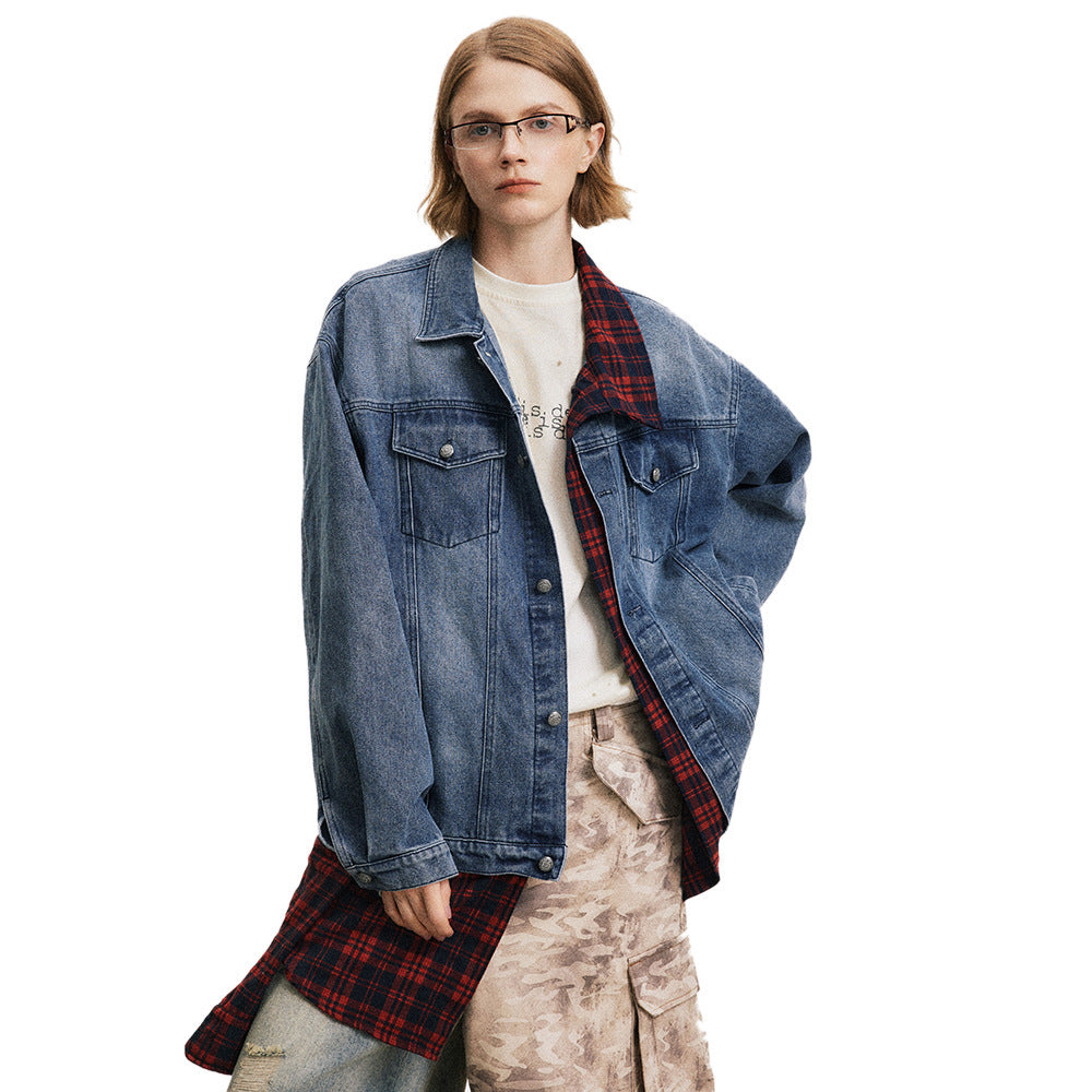 Irregular Stitching Plaid Fake Two Pieces Denim Jacket