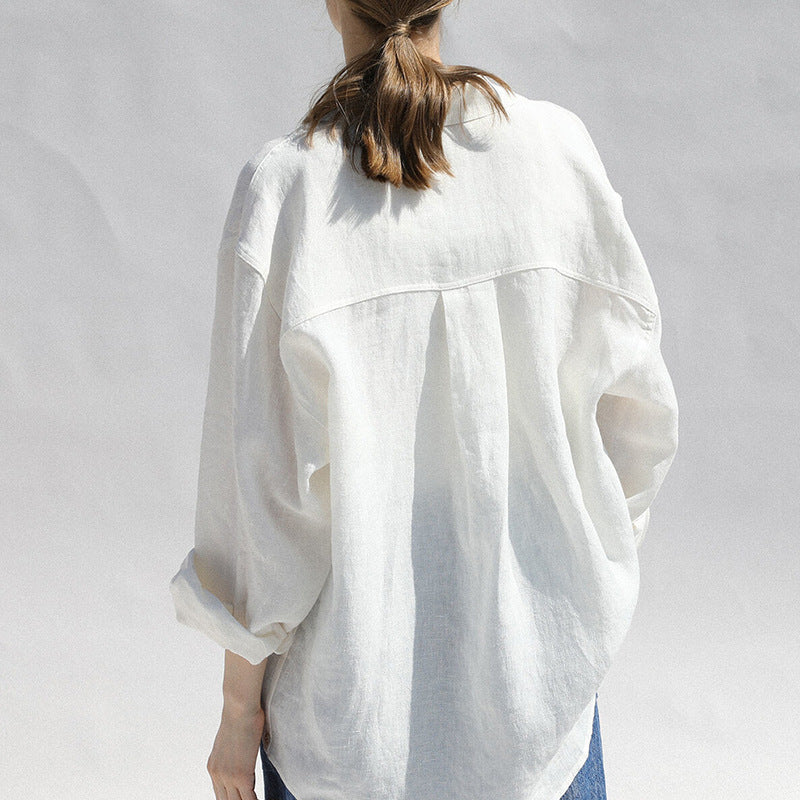 Niche Design Pure Linen Shirt Turn-down Collar Coat Women