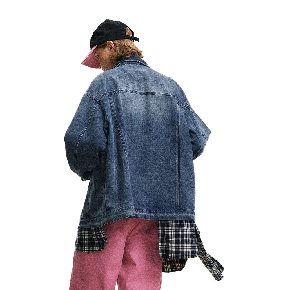 Irregular Stitching Plaid Fake Two Pieces Denim Jacket