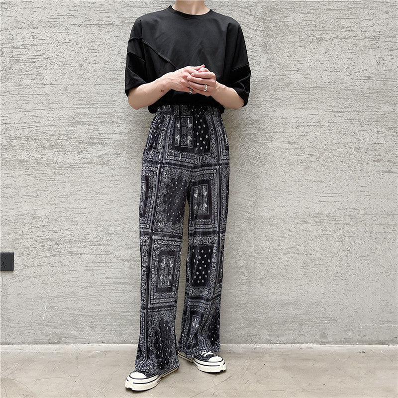 Ethnic Tide Paisley Floral Pressed Pleated Casual Pants Men