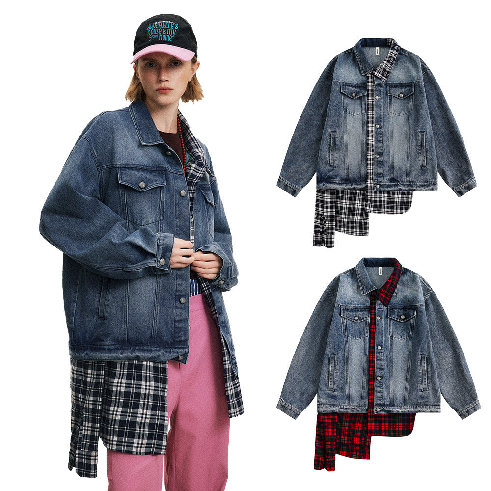 Irregular Stitching Plaid Fake Two Pieces Denim Jacket