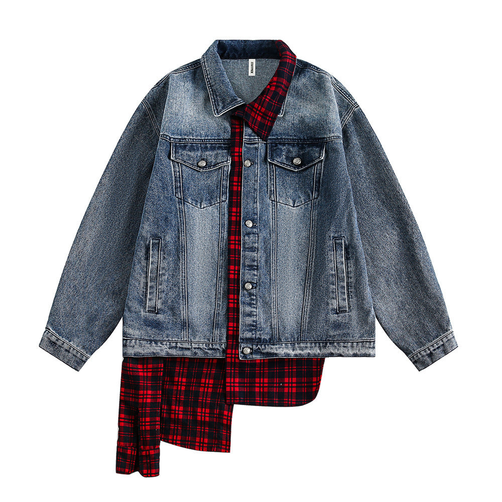 Irregular Stitching Plaid Fake Two Pieces Denim Jacket