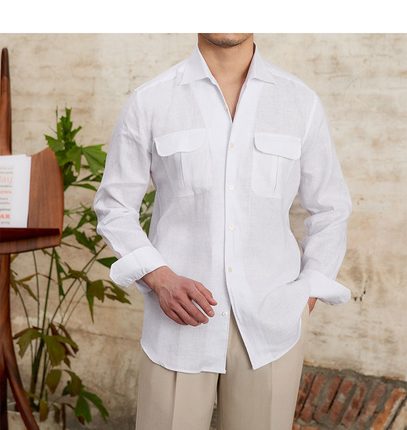 Fashion Pure Linen Breathable Retro Long Sleeve Shirt Men
