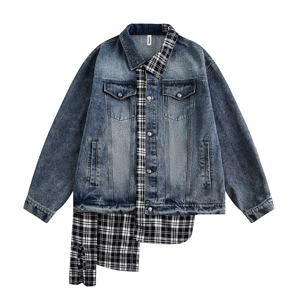 Irregular Stitching Plaid Fake Two Pieces Denim Jacket
