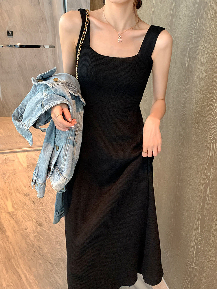 Black Bottoming Knit Suspender Dress Vest For Women With Slim Fit