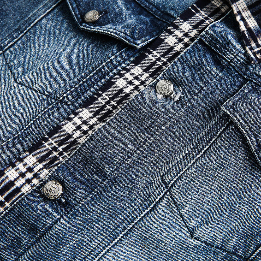 Irregular Stitching Plaid Fake Two Pieces Denim Jacket