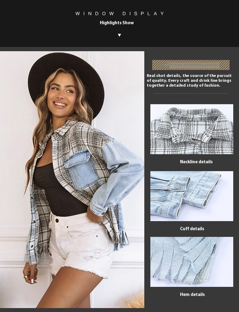 Women's Plaid Patchwork Tassel Flap Pocket Denim Jacket