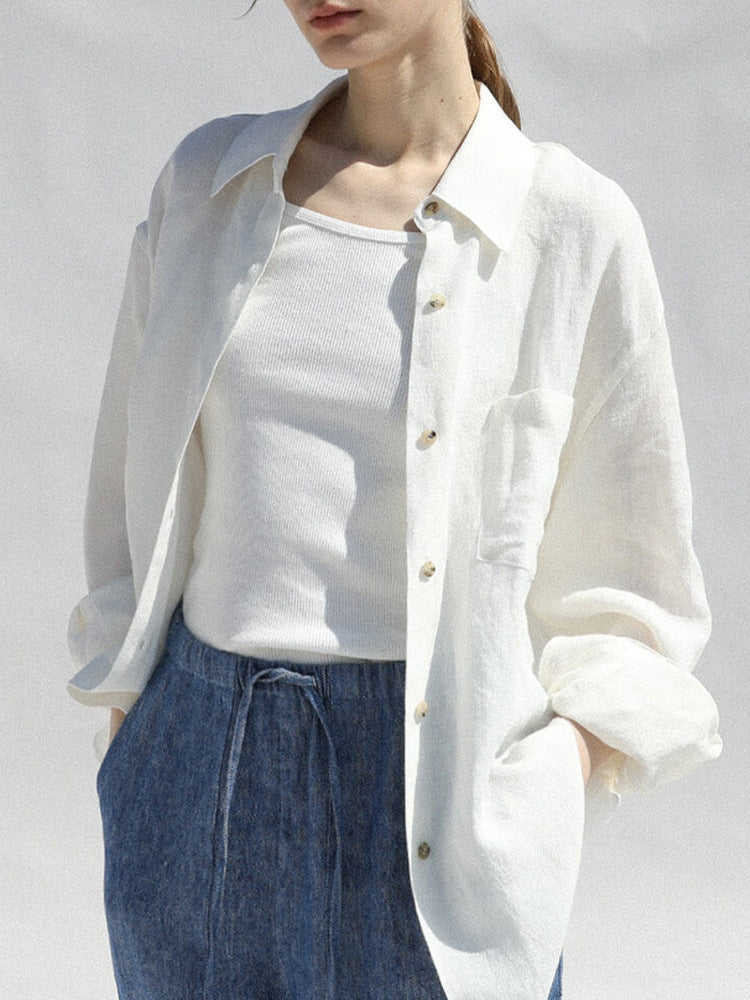 Niche Design Pure Linen Shirt Turn-down Collar Coat Women